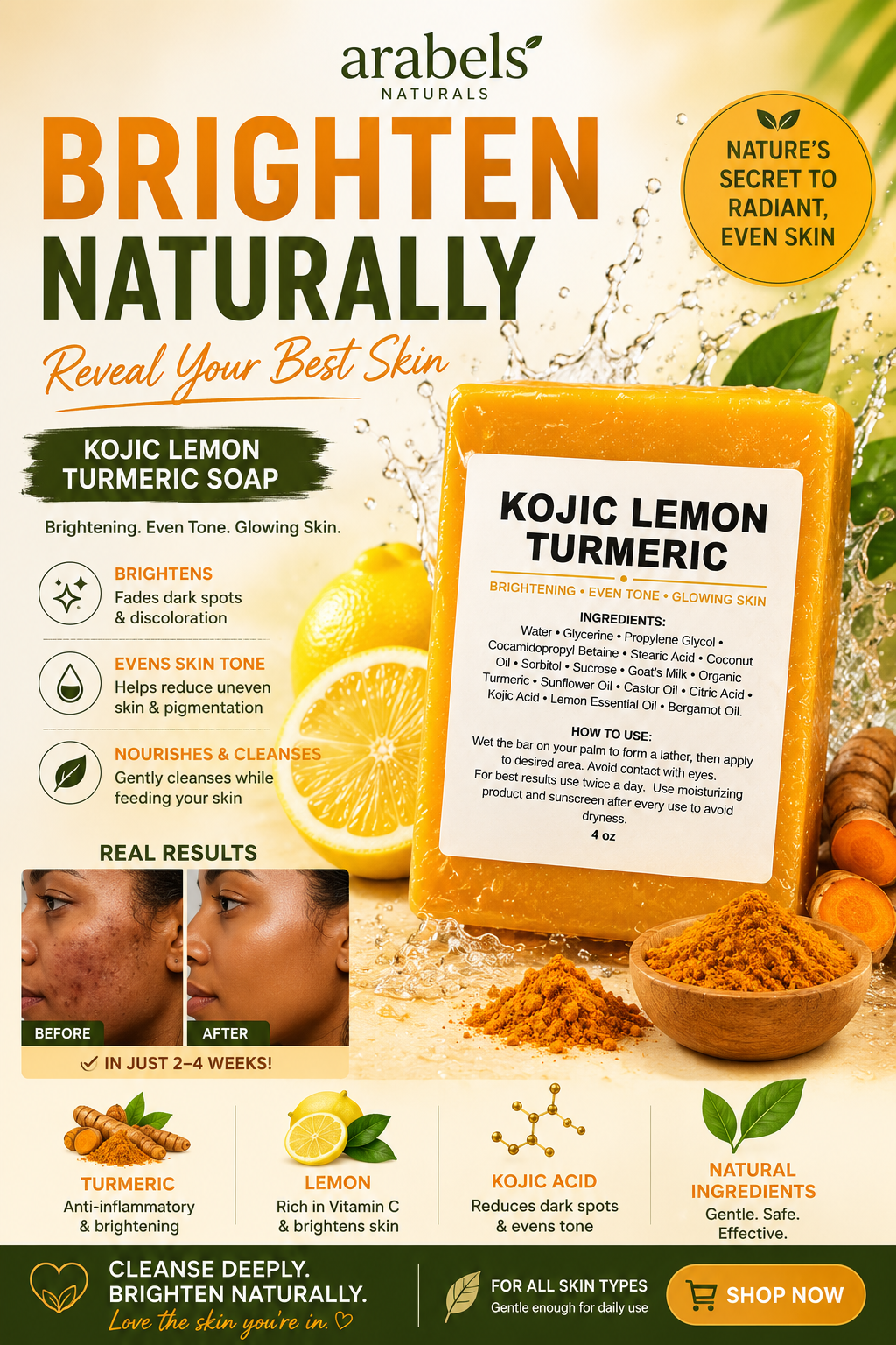 Turmeric + Kojic Acid Soap with Lemon Oil | Brightening Face & Body Bar