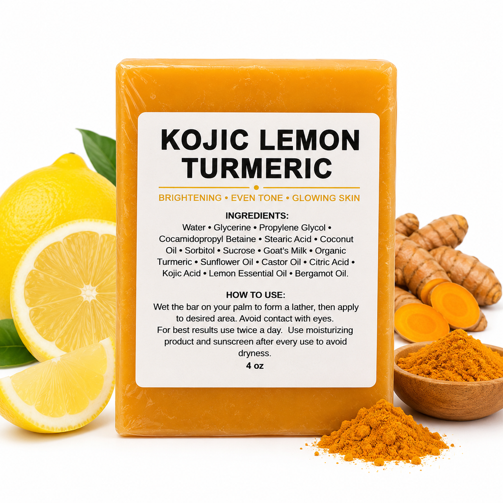 Turmeric and Kojic Acid soap bar with lemon, turmeric root, and turmeric powder