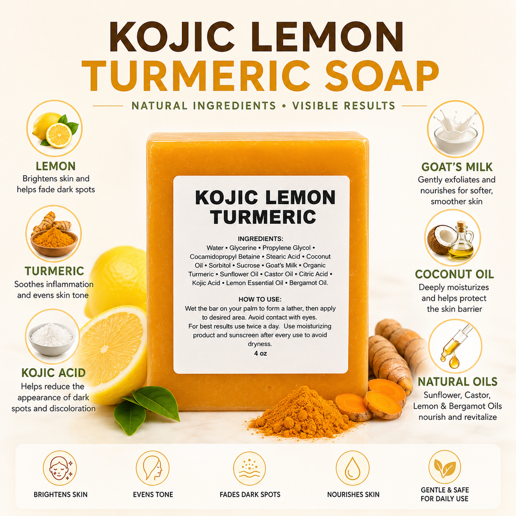 Ingredient overview for turmeric and kojic acid face and body soap with lemon essential oil and goats milk