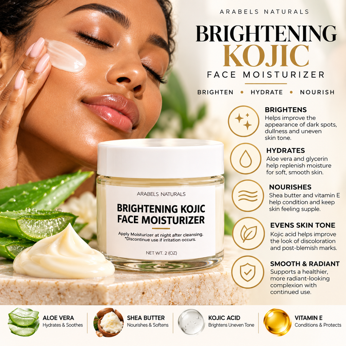 Kojic Acid Brightening Face Moisturizer – Dark Spots & Uneven Skin Tone | 2 oz