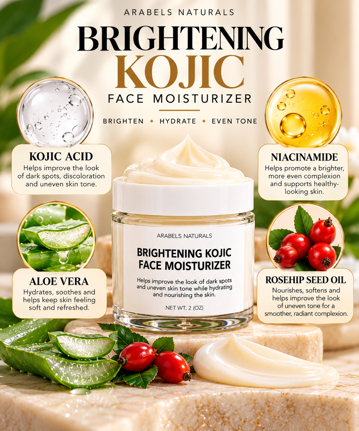Kojic Acid Brightening Face Moisturizer – Dark Spots & Uneven Skin Tone | 2 oz