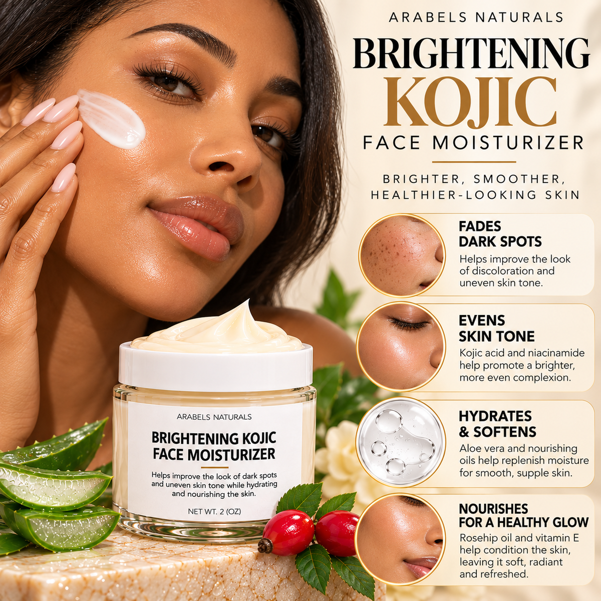 Kojic Acid Brightening Face Moisturizer – Dark Spots & Uneven Skin Tone | 2 oz