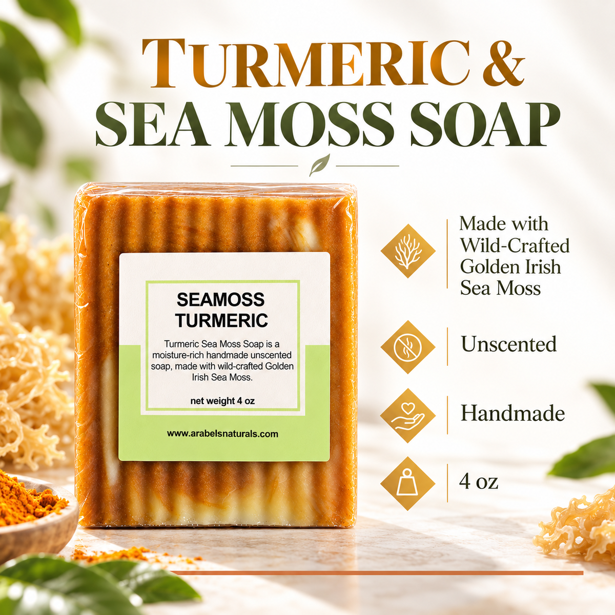 Turmeric Sea Moss Soap Bar | Unscented Handmade Vegan Soap