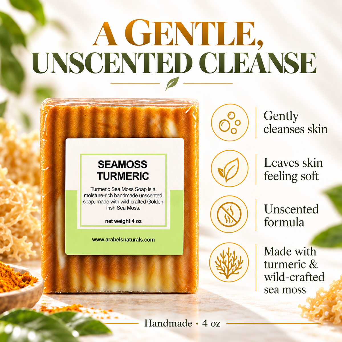 Turmeric Sea Moss Soap Bar | Unscented Handmade Vegan Soap