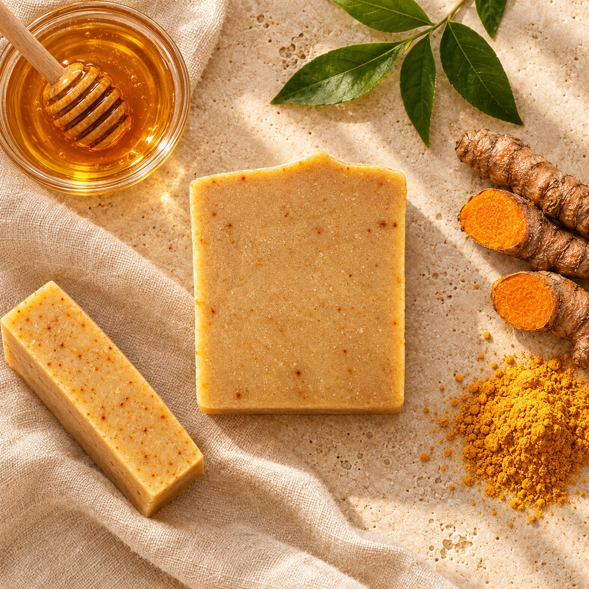 Turmeric honey soap bars with raw honey, fresh turmeric root and turmeric powder on travertine